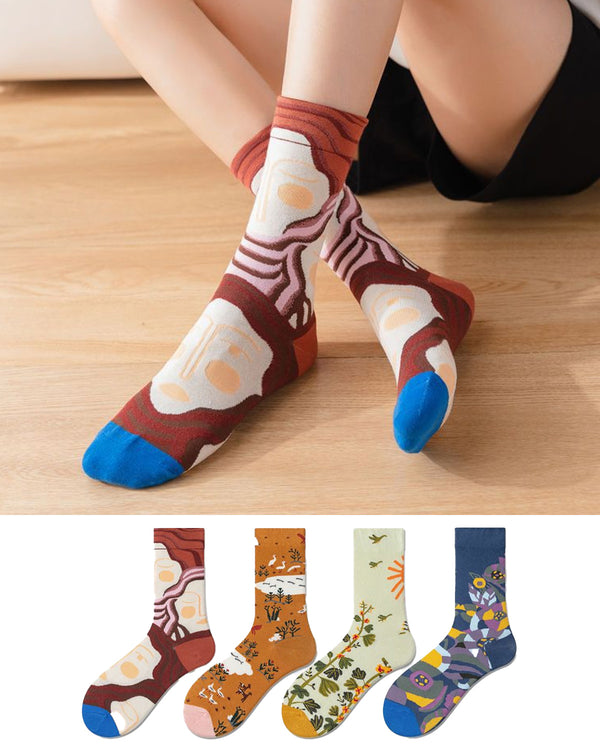 Oil Painting Trendy Mid-Calf Socks 4 Pack