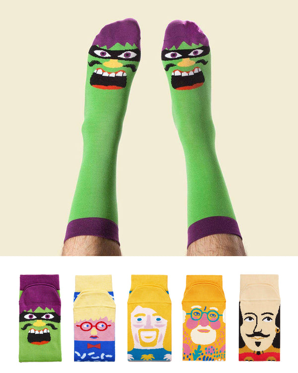 Illustrated Funny Face Mid-Calf Socks 5 Pack